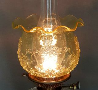 Vaseline Uranium Glass Pressed Flowers & Foliage Kerosene Duplex Oil Lamp Shade 2