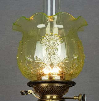 Vaseline Uranium Glass Pressed Flowers & Foliage Kerosene Duplex Oil Lamp Shade 3