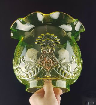 Vaseline Uranium Glass Pressed Flowers & Foliage Kerosene Duplex Oil Lamp Shade 5