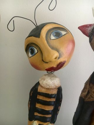Ooak Primitive Paper Mache Bee Bobble Head Stand Alone By Folkgirl - Erikas