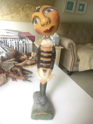 OOAK Primitive Paper Mache Bee Bobble Head Stand Alone by Folkgirl - erikas 4