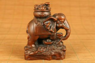Antique Chinese Old Boxwood Elephant Statue Figure Netsuke Bring Money Deco