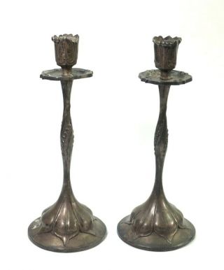 White Metal Plated Art Nouveau Candlesticks.