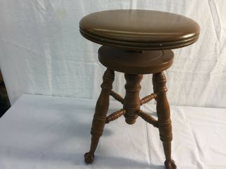 Antique Wood Swivel Piano Stool With Claw & Glass Ball Feet