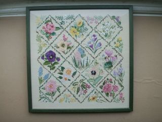 Old Hand Embroidery English Spring Summer Flowers Sampler Panel Framed Fine