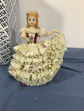 Vintage Irish Dresden Lace Porcelain Sweetheart Figurine Marked 2
