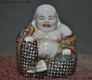 Old Chinese Wucai Porcelain Glaze Happy Laugh God Maitreya Buddha Statue