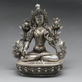 Chinese Old Tibet Silver Hand Carved Tibetan Buddha Bodhisattva Statue