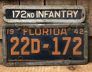 Vintage Wwii 172nd Infantry 1942 Florida License Plate Number Topper