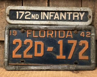 Vintage WWII 172nd Infantry 1942 Florida License Plate Number Topper 8