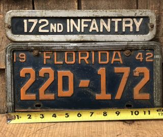 Vintage WWII 172nd Infantry 1942 Florida License Plate Number Topper 9