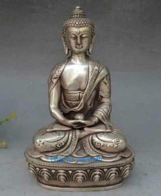 Old Tibet Silver Buddhism Craft Dragon Buddha Lotus Seat Shakyamuni Statue