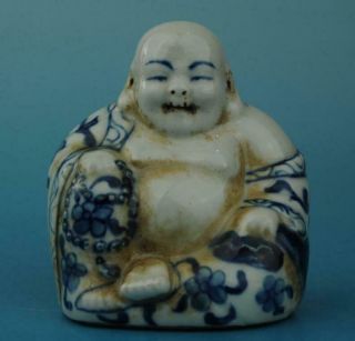 Chinese Old Hand Carved Blue And White Porcelain Maitreya Statue B01