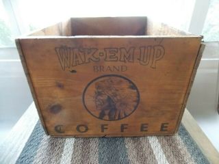 Antique advertising wood crate Wak - Em Up Coffee tin can box storage old 2