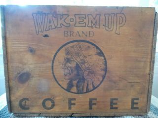 Antique advertising wood crate Wak - Em Up Coffee tin can box storage old 6
