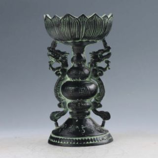 Chinese Collectable Bronze Hand Carved Dragon & Lotus Lamp Holder D01
