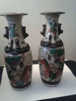 Pair 2 X 10 " Antique Chinese Chenghua Style Warrior Vases One Vase A/f