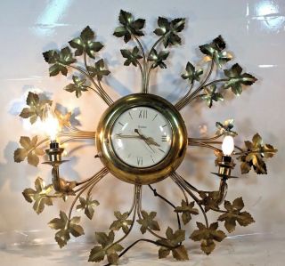Vintage United Clock Co Ny Wall Clock W/ Brass Leaves & 2 Lights Model 920 1950