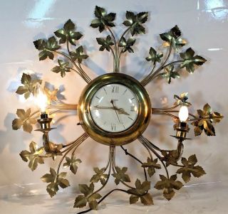 Vintage United Clock Co NY Wall Clock w/ brass Leaves & 2 Lights Model 920 1950 2