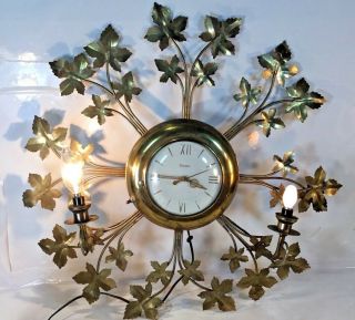 Vintage United Clock Co NY Wall Clock w/ brass Leaves & 2 Lights Model 920 1950 4