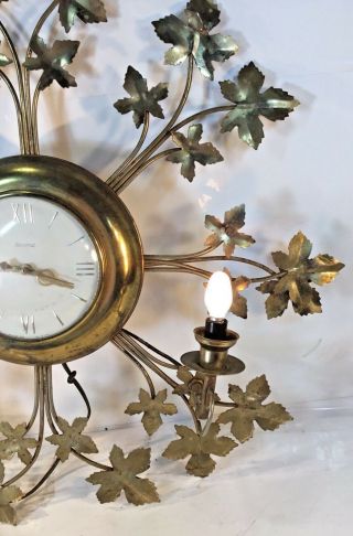 Vintage United Clock Co NY Wall Clock w/ brass Leaves & 2 Lights Model 920 1950 5