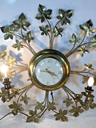 Vintage United Clock Co NY Wall Clock w/ brass Leaves & 2 Lights Model 920 1950 6