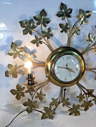 Vintage United Clock Co NY Wall Clock w/ brass Leaves & 2 Lights Model 920 1950 7