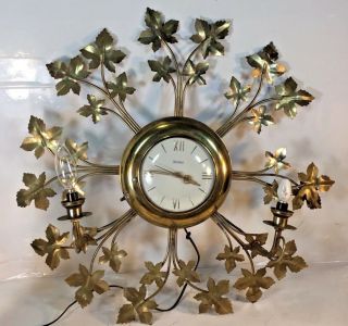 Vintage United Clock Co NY Wall Clock w/ brass Leaves & 2 Lights Model 920 1950 8