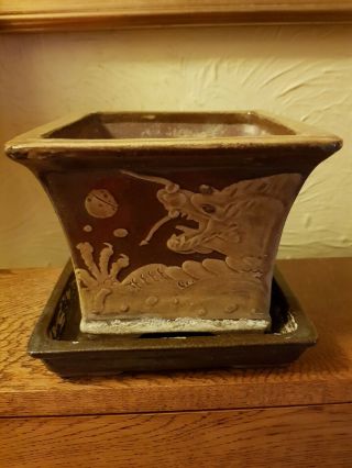 Vintage Chinese Stoneware Planter with Stand Dragons & Pearl of Wisdom 2