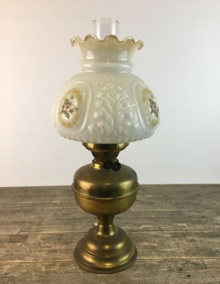 Vintage Brass Oil Lamp With Floral Milk Glass Shade Converted To Electric.