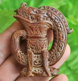 Chinese Ancient Old Hard Jade Hand - Carved Pendant Necklace Dragon Cup