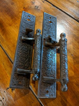 Antique Pair Eastlake Gothic Cast Iron Large Entryway Door Handles Back Plates