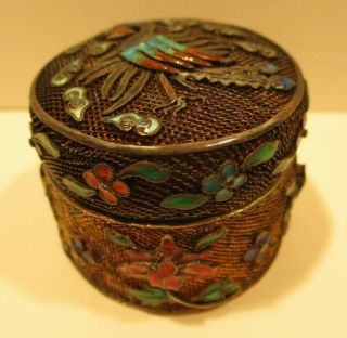 Early Rare Cloisonne Silver Trinket Box - Woven Bird - Marked -
