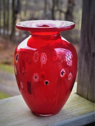 Fine Vintage Mid Century Modern Ruby Red Venetian Murano Millefiore Glass Vase
