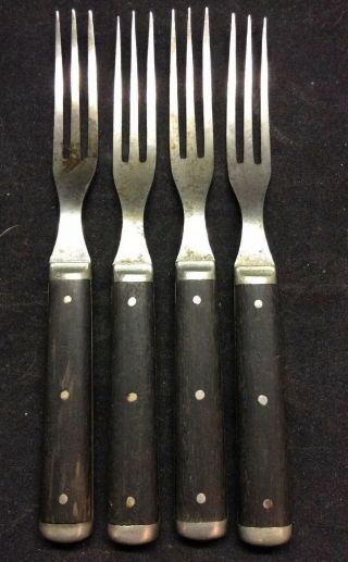 Set Of 4 Matching Antique Civil War Era Steel,  Pewter & Wood 3 - Tine Forks (ff5)