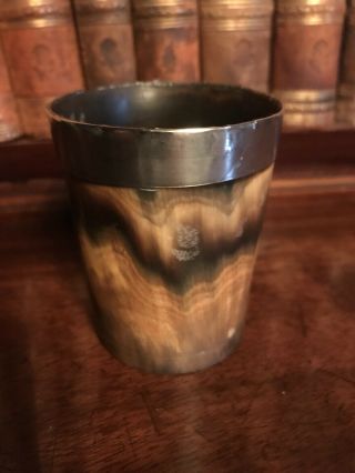 Antique 19th Century Scottish English Horn Beaker Cup Silver Rim