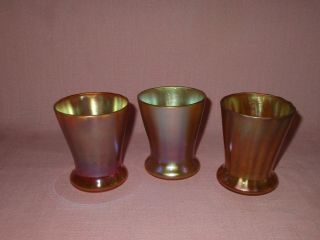 Antique Kew Blas American Art Glass Set 3 Of Gold Iridescent Tumblers Vases