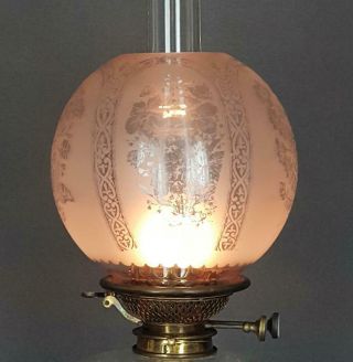 Victorian Flowers Etched Glass Kerosene Paraffin Oil Lamp Duplex Ball Shade