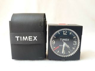 Vintage Black Timex Wind - Up Mini - Alarm Travel Clock With Case 1 1/2 "
