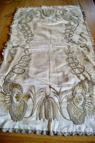 Antique Cream Silk Satin Wirework Embroidered Panel Stylised Floral Embroidery