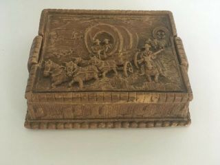 Antique Old Collectible Hand Carved Western Cowboy Design Wooden Jewelry Box