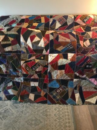 Mid Century Hand Made Crazy Quilt 64” Square Painted And Stitched Names & Dates