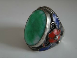 Tibet - Silver Handwork Inlay Green Jade Cloisonne Red Flower Adjust Ring