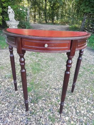 Vintage Regency Style Leather Topped Wood Half Moon Demi Lune Hall Table Drawer