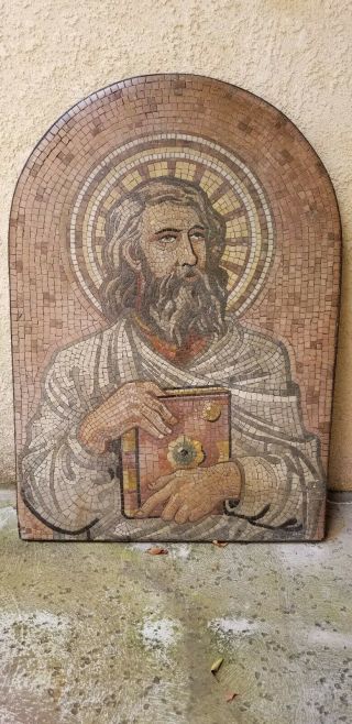 Antique Religious Painted Ceramic Wall Hanging Tile Mural Of Jesus Christ.