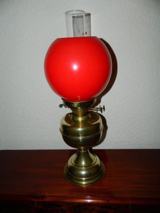 Duplex Oil Lamp Red Globe Double Snuffer Burner With A Brass Oil Font