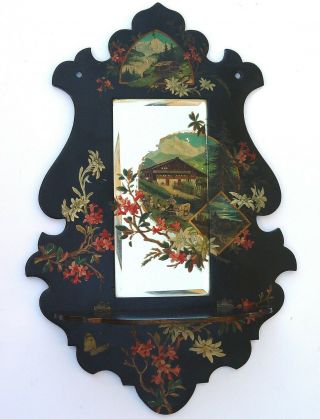 Antique German Lacquer Chinoiserie Edelweiss Alpine Litho Wall Mirror Shelf