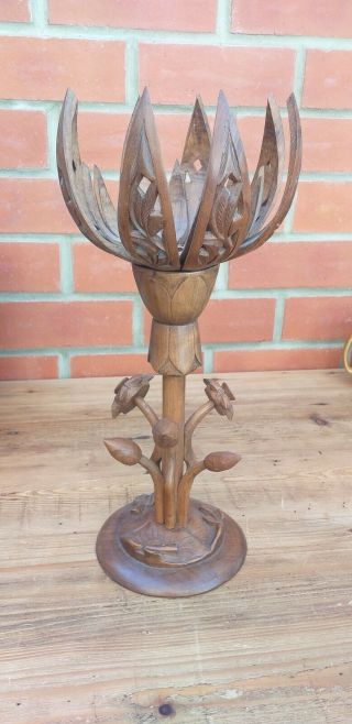 Large Vintage Carved Wooden Articulated Lotus Flower Ornament 4