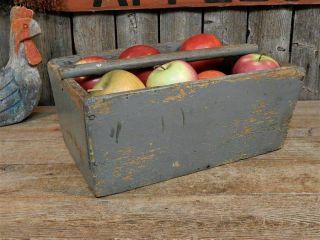 Antique Primitive Old Wood Apple Box Carrier Tote Farm Grey Paint 7