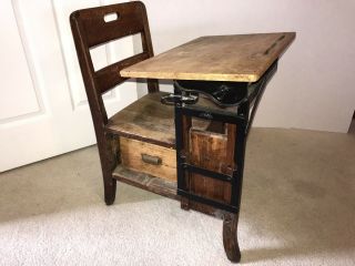 Vintage Early 1900s Wood And Cast Iron Childs School Desk And Chair One Piece